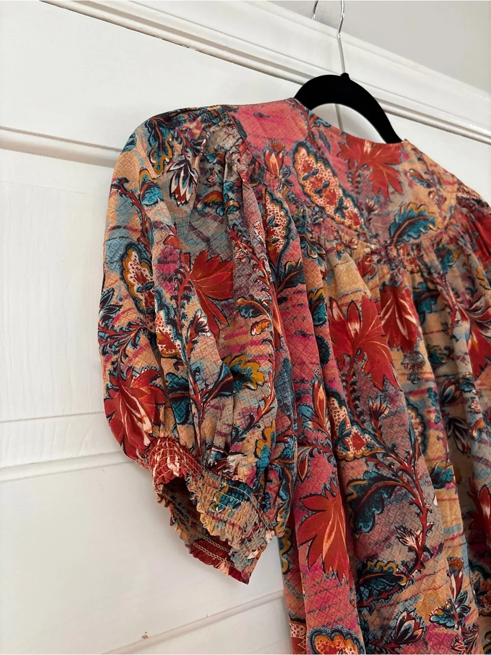 ULLA JOHNSON Dina Top in Coral Bloom Size 2 Puff Sleeve Bib Collar 100% Silk